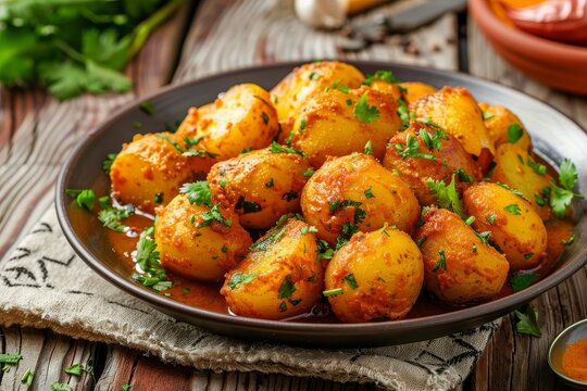 Close up of spicy Kashmiri dum aloo on plate horizontal