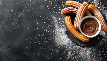 Churros covered in chocolate sauce isolated on black background
