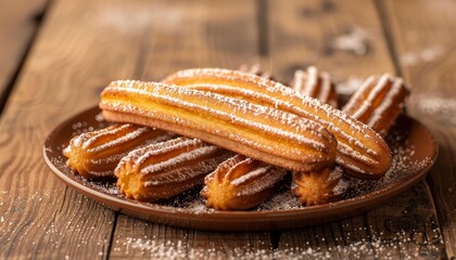 Churros with sugar on a wooden plate
