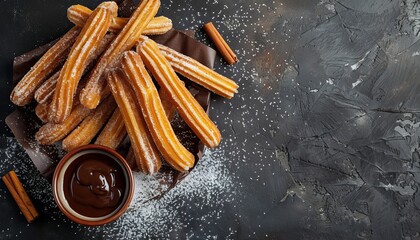 Churros with various toppings and dip on dark background viewed from above - obrazy, fototapety, plakaty