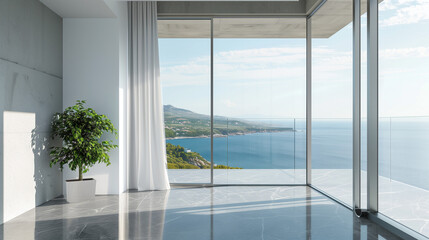 beautiful interior of modern building with big window at shore beside sea