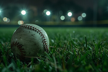 Close up of a baseball on the grass in night with lights