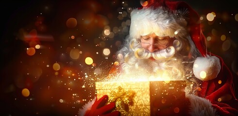 Santa Claus Opens Christmas Present Surrounded by Gleaming Lights. Made with Generative AI Technology