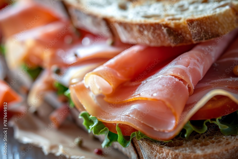 Sticker close up of a ham sandwich on food background