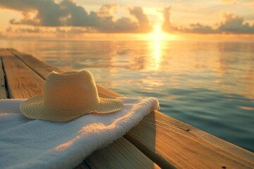 Straw hat and white towel on a wooden pier at sunrise with calm sea and clouds.