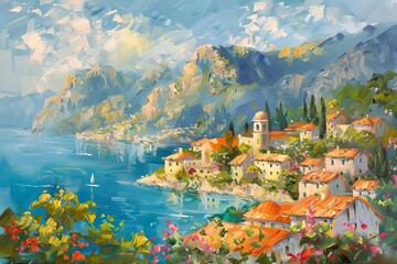 idyllic mediterranean coastal town oil painting mountains and summer atmosphere - obrazy, fototapety, plakaty