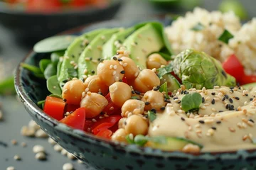 Foto op Plexiglas Close up of a healthy Buddha bowl with chickpea avocado quinoa red bell pepper spinach brussels sprouts and lime dressing Vegetarian clean eating © The Big L
