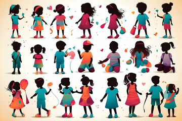 A multitude of fun, cartoon-style children figures engaged in playful activities and interactions, emphasizing friendship and childhood