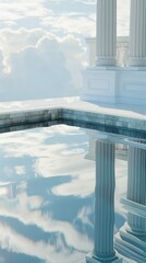 Uses a closeup shot of the pool water, reflecting the sky and the house s elegant architecture, highlighting the tranquil cool blues that invite peaceful contemplation