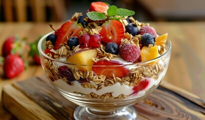 Close up of fruit salad in a glass bowl on a wooden board