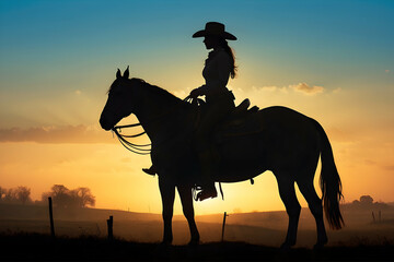 A lone cowgirl rides on a horseback silhouette against a vibrant sunset