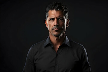 Obraz premium An assertive mature man with graying hair dons a black button-up shirt in a studio setting, exuding confidence and experience