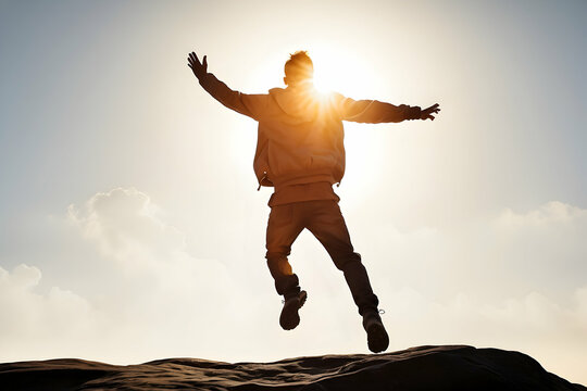 An exuberant man leaps high, backlit by the sun, symbolizing joy and success