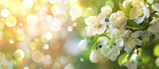 Blurred natural background with apple blossoms / Spring blooms / Bokeh of springtime landscape