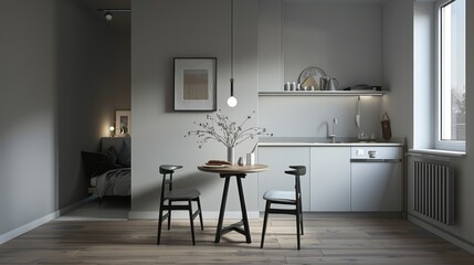 Showcases the dining area of the apartment, with a small, practical table set against a backdrop of neutral grays, facilitating simple, efficient living spaces