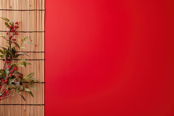 Empty wooden table with bamboo place mat over red background. Chinese New Year mock up for design and product display - generative ai 