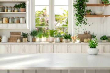 Bright kitchen interior with plants on the window and wooden table