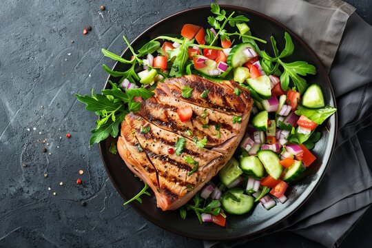Close up top view of Mexican tuna steak topped with avocado cucumber salsa on a plate