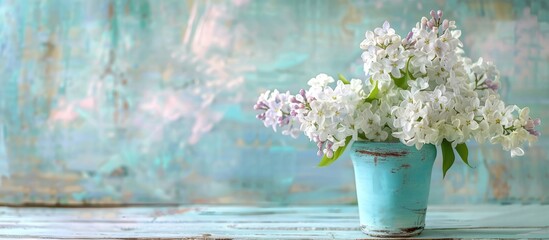 White lilac spring flowers in a blue wooden vase on a light shabby chic background.