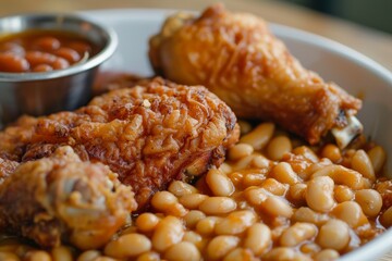 Closeup of fried chicken and baked beans - obrazy, fototapety, plakaty
