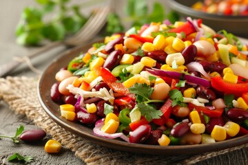 Closeup of Mexican coleslaw with beans corn pepper and herbs on a table