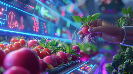 Futuristic shopping organic vegetable in high technology at grocery store. Panel interface hologram transparent for shopping product. Future supermarket. AI generated - obrazy, fototapety, plakaty