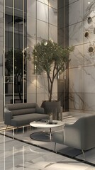 Showcases a lobby of a luxury rental property, where solid gray furnishings speak to the upscale, strategic market positioning intended to attract discerning tenants - obrazy, fototapety, plakaty