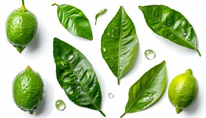 Collection of citrus leaves with isolated drops on a white background
