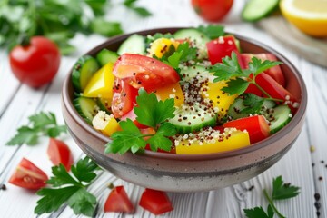 Colorful salad with quinoa tomatoes pepper cucumber parsley on white background Healthy superfood
