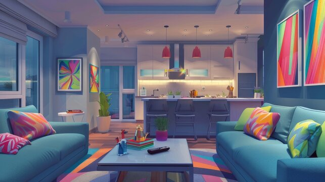 Showcases a living room in the budget apartment, furnished modestly with essential items in neutral grays, blending affordability with stylish minimalism