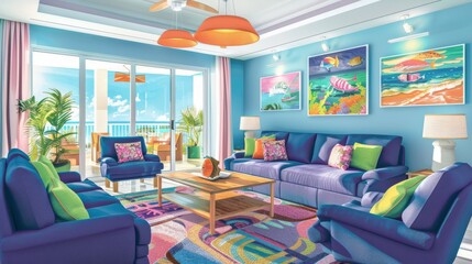 Showcases an artful display of marineinspired artwork in the condominium, using soft turquoises that complement the breathtaking sea views from the windows