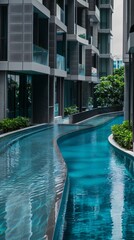 Sets up an image of the buildings swimming pool area, with water reflecting fresh blue hues that enhance the feeling of a refreshing urban oasis
