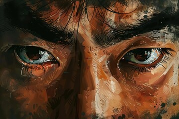 intense closeup of serious asian man piercing black eyes direct gaze powerful portrait digital painting