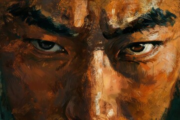 intense closeup of serious asian man piercing black eyes direct gaze powerful portrait digital painting - Powered by Adobe