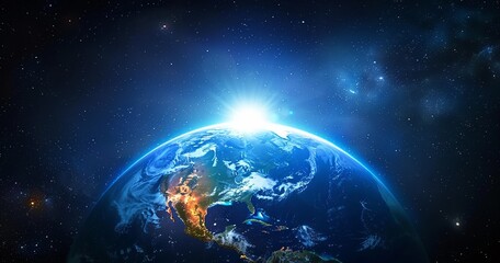 Sunrise Over USA with City Lights on Blue Earth - NASA Furnished 3D Rendering. Made with Generative AI Technology