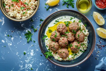 Delicious Mediterranean lunch of lamb meatballs in yogurt sauce with bulgur top view on blue background