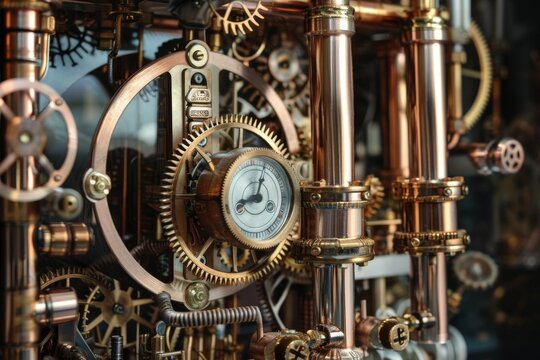 intricate steampunk mechanism with brass gears copper pipes and vintage clocks