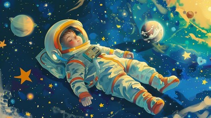 Baby lies on a cosmic bed, turned cheerful astronaut, exploring illustrations of stars and a planet, adorable journey - obrazy, fototapety, plakaty