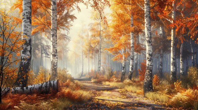 Sunny day in an autumn forest landscape