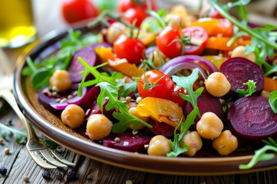 Delicious vegetarian salad with chickpeas roasted veggies beets tomatoes and arugula