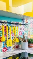 Photographs the kitchen area, where bright yellow utensils and a vibrant backsplash add a burst of cheerfulness, making the most of the compact space