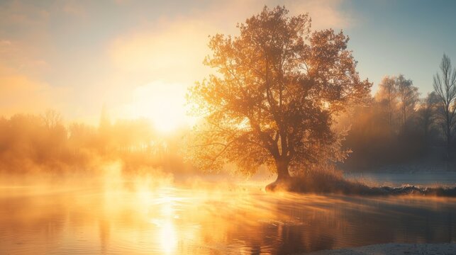 Panoramic lake with golden sunrise at winter foggy morning landscape. AI generated image