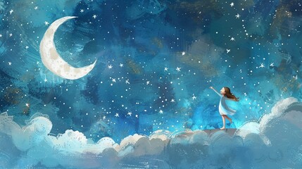 Obraz na płótnie Canvas Happy girl stretches towards a handmade moon and stars, in a sky of sketched clouds, capturing a moment of wonder
