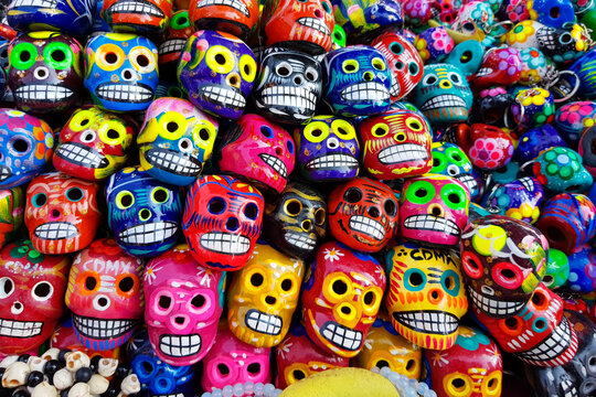 Mexican colorful ceramic skulls sold as crafts