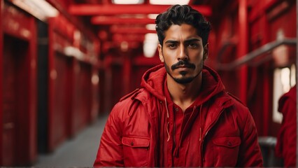 hispanic guy red theme fashion generation-z influencer posing for ad product promotion from Generative AI