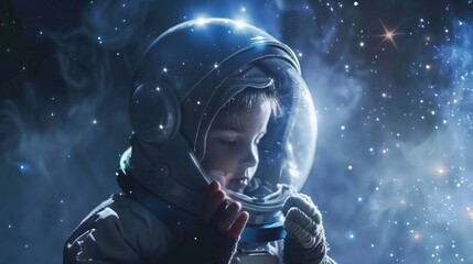 Little dreamer in a spacesuit, with an artistic helmet and stars, embracing astronaut role play - obrazy, fototapety, plakaty