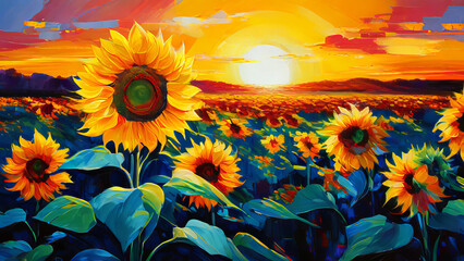 a sunflower field in the style of Impressionism, using bold brushstrokes and vibrant colors to convey the essence of a sun-drenched landscape.