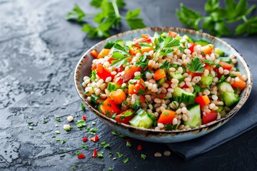 Focused photo of salad with barley and vegetables - obrazy, fototapety, plakaty