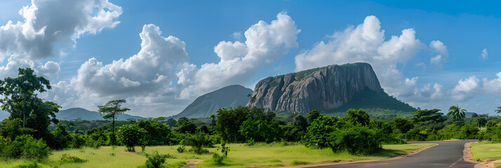 Enthralling View of the Historic Aso Rock and Surrounding Lush Vegetation in Ogun State, Nigeria - obrazy, fototapety, plakaty