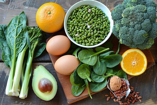 Foods rich in natural folic acid like liver asparagus broccoli eggs avocado nuts spinach orange and beans